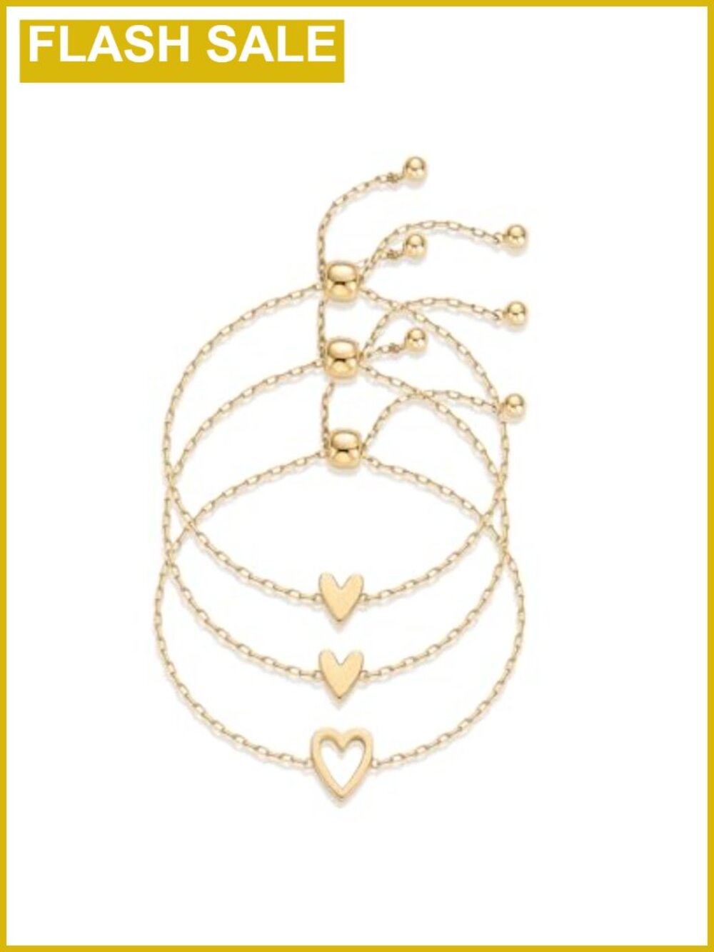 14K Gold Plated Heart Charm Bracelet Set - 3 Pack Adjustable